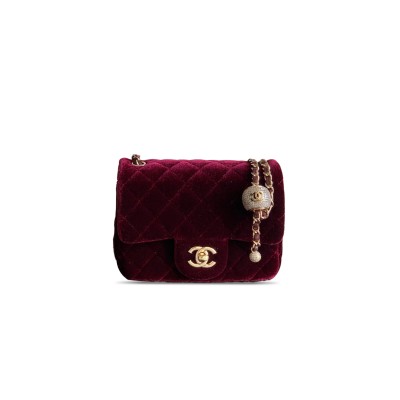 CHANEL MINI FLAP BAG VELVET, DIAMANT & GOLD-TONE METAL BURGUNDY AS1786 (18*13*7cm)